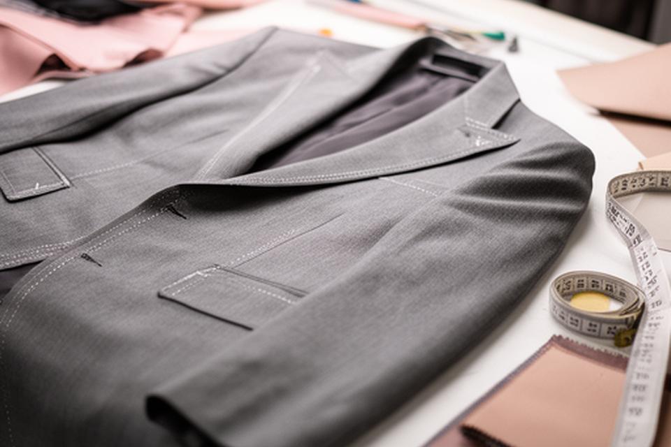 Chaqueta moderna de corte entallado sobre mesa de taller con muestras de tejido y cinta métrica