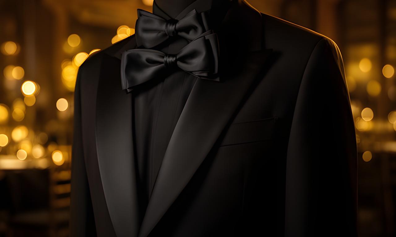 Hombre con traje de gala negro y pajarita en un salón elegante durante una cena formal