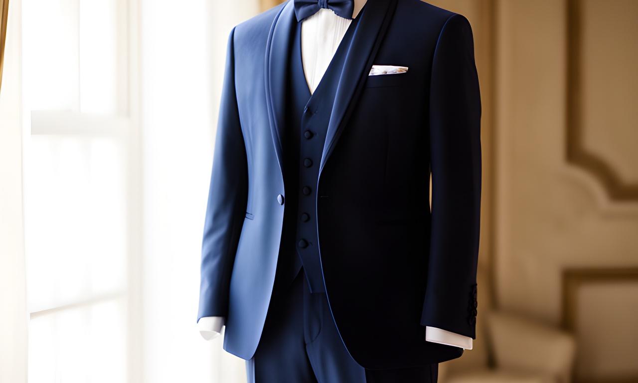 Novio con traje azul marino de tres piezas junto a una ventana luminosa en una boda elegante