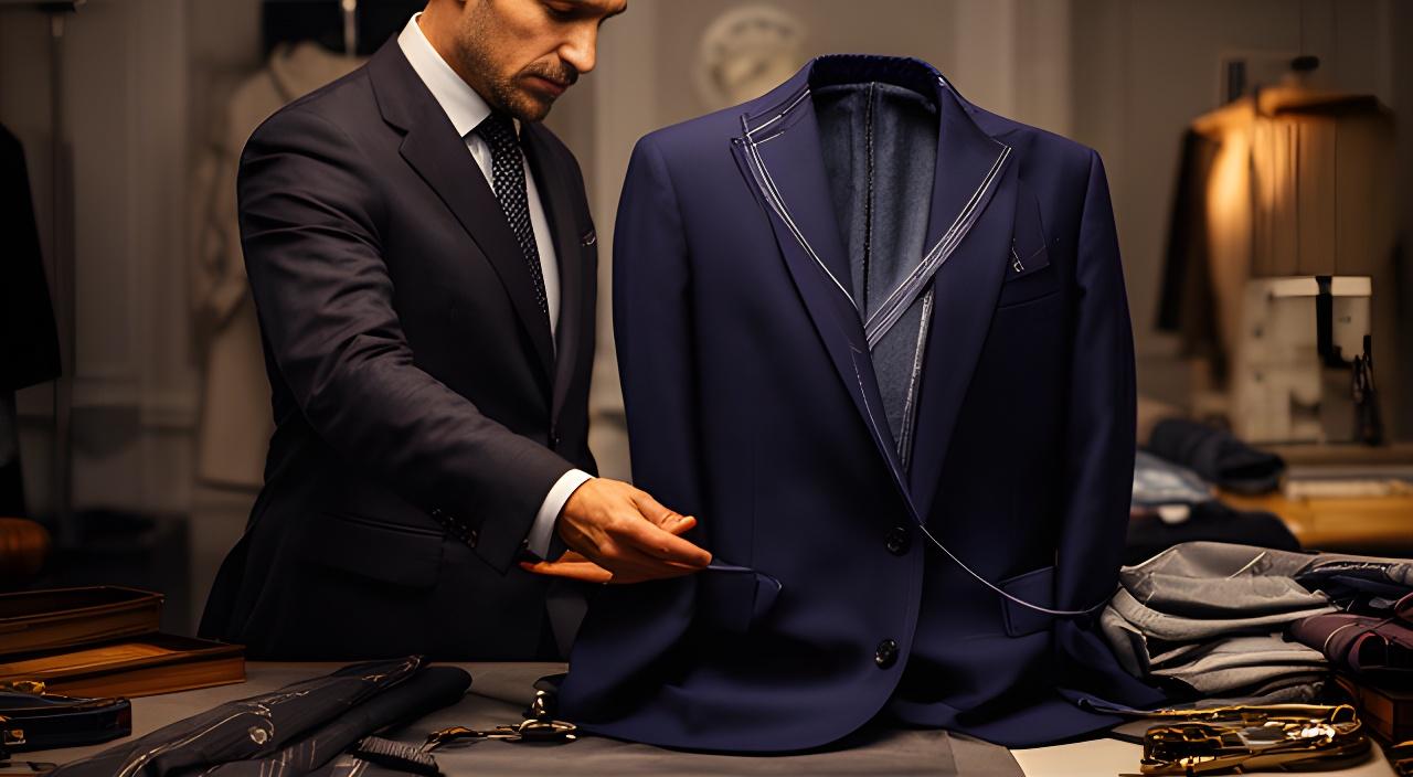 Sastre revisando un traje azul marino en un taller elegante con herramientas clásicas y luz cálida