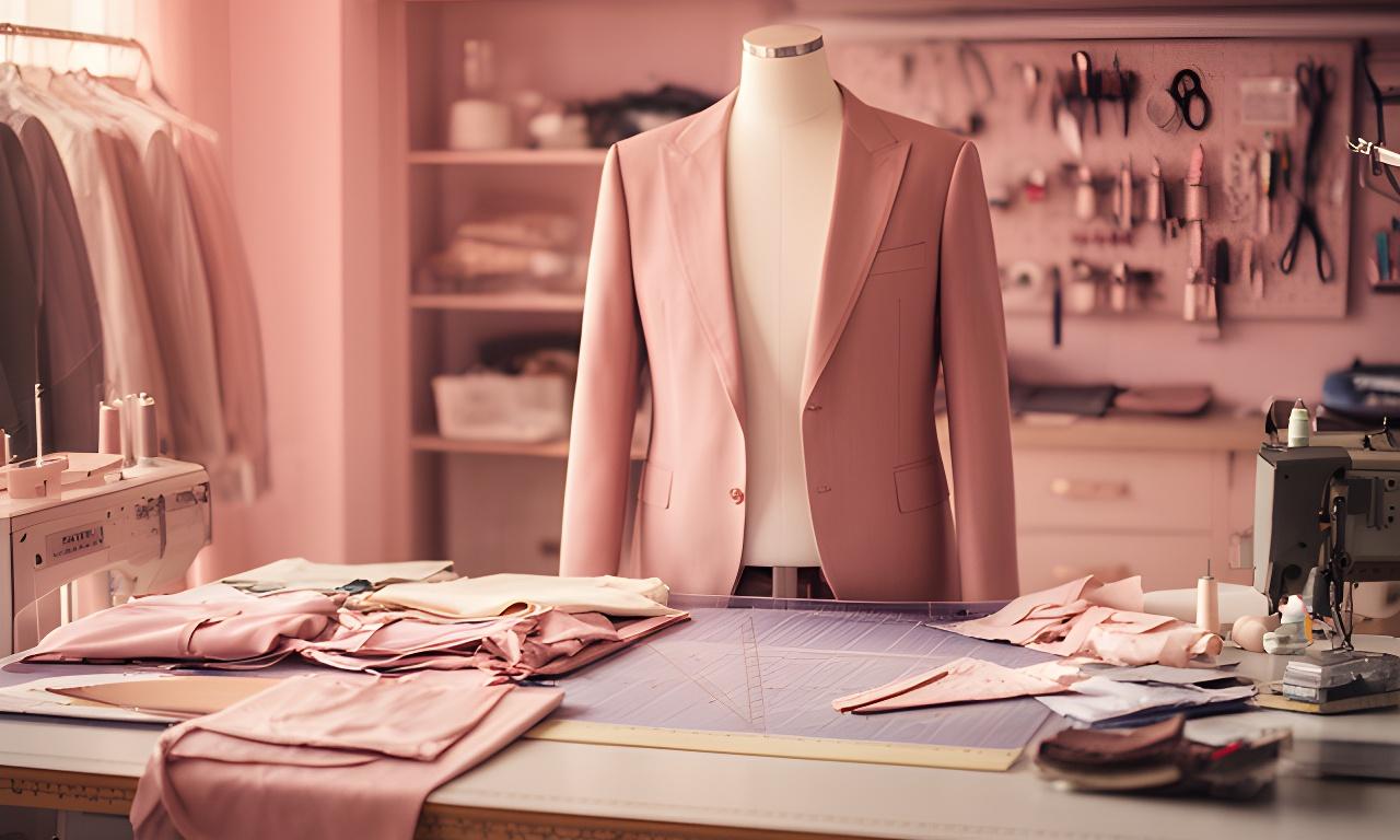 Interior elegante del taller de sastrería con mesa de corte, tejidos y una chaqueta en prueba