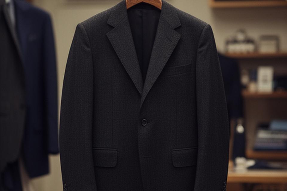 Traje clásico oscuro colgado en una percha dentro de un atelier con detalles de lana fina